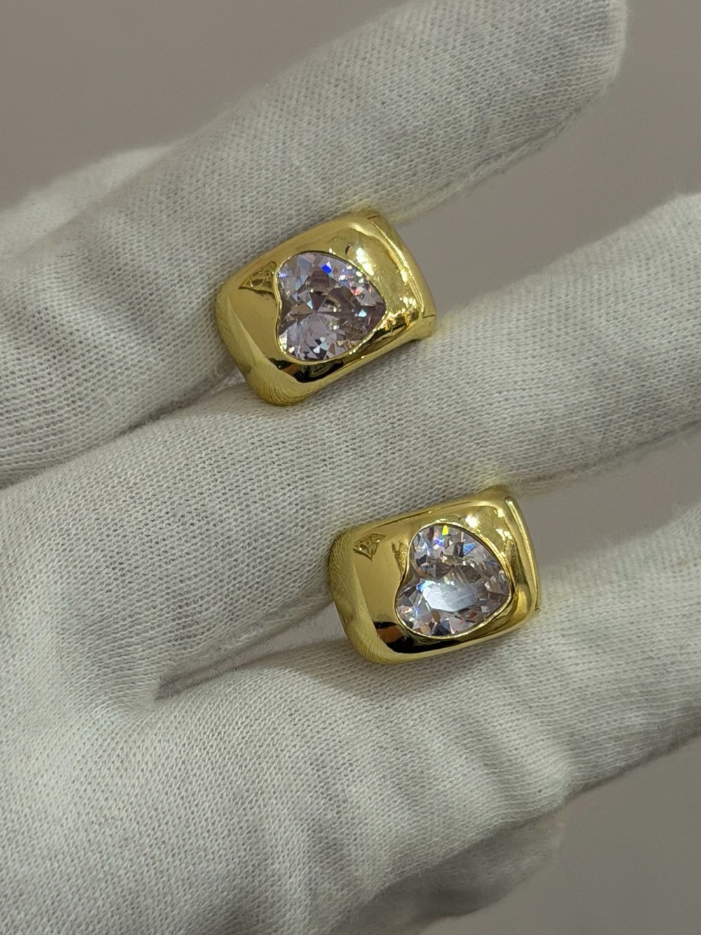 New Chunky Gold Dome Heart CZ Stud Earrings Bold Bezel-Set Heart Statement